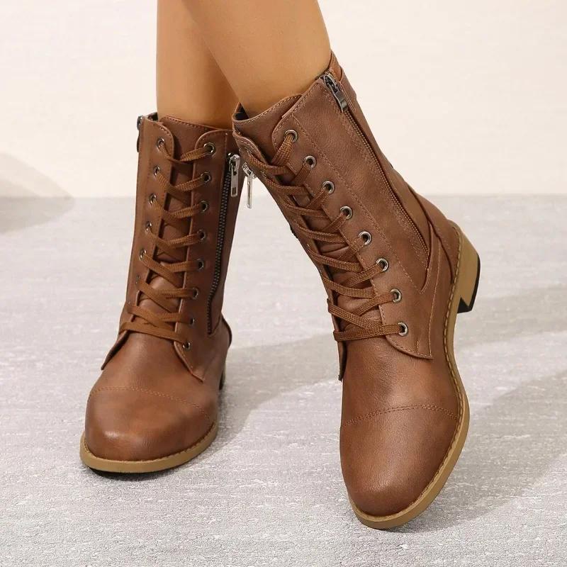 Fashion Women's Shoes 2024 High Quality Lace Up Zipper Women's Boots Autumn Round Toe Square Heel Plus Size 43
