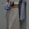 Women Maxi Skirt Elastic High Waist Shiny Sequins Long Skirt Street Style Loose Fit Skirt Night Club Stage Show Skirt