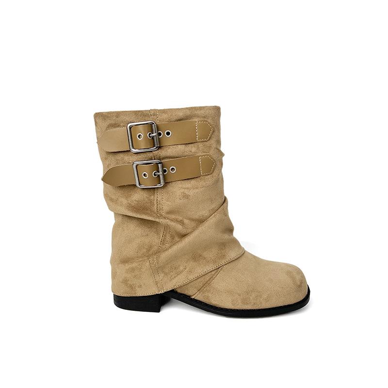 2025 новые плиссированные ботфорты на толстом каблуке с пряжкой-ремнем, с широким голенищем, женские ботинки, летние популярные суперхит ботинки-трубы