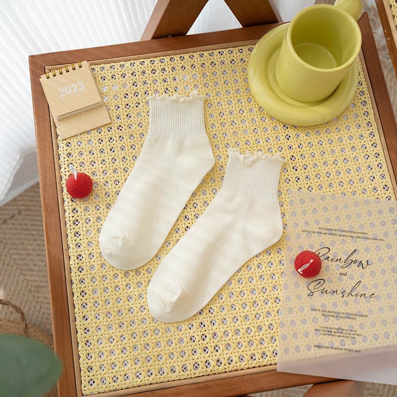 Черные носки с отделкой ушками, женские короткие носки, летние тонкие хлопковые носки, кружевные короткие носки, универсальные однотонные носки на весну и осень