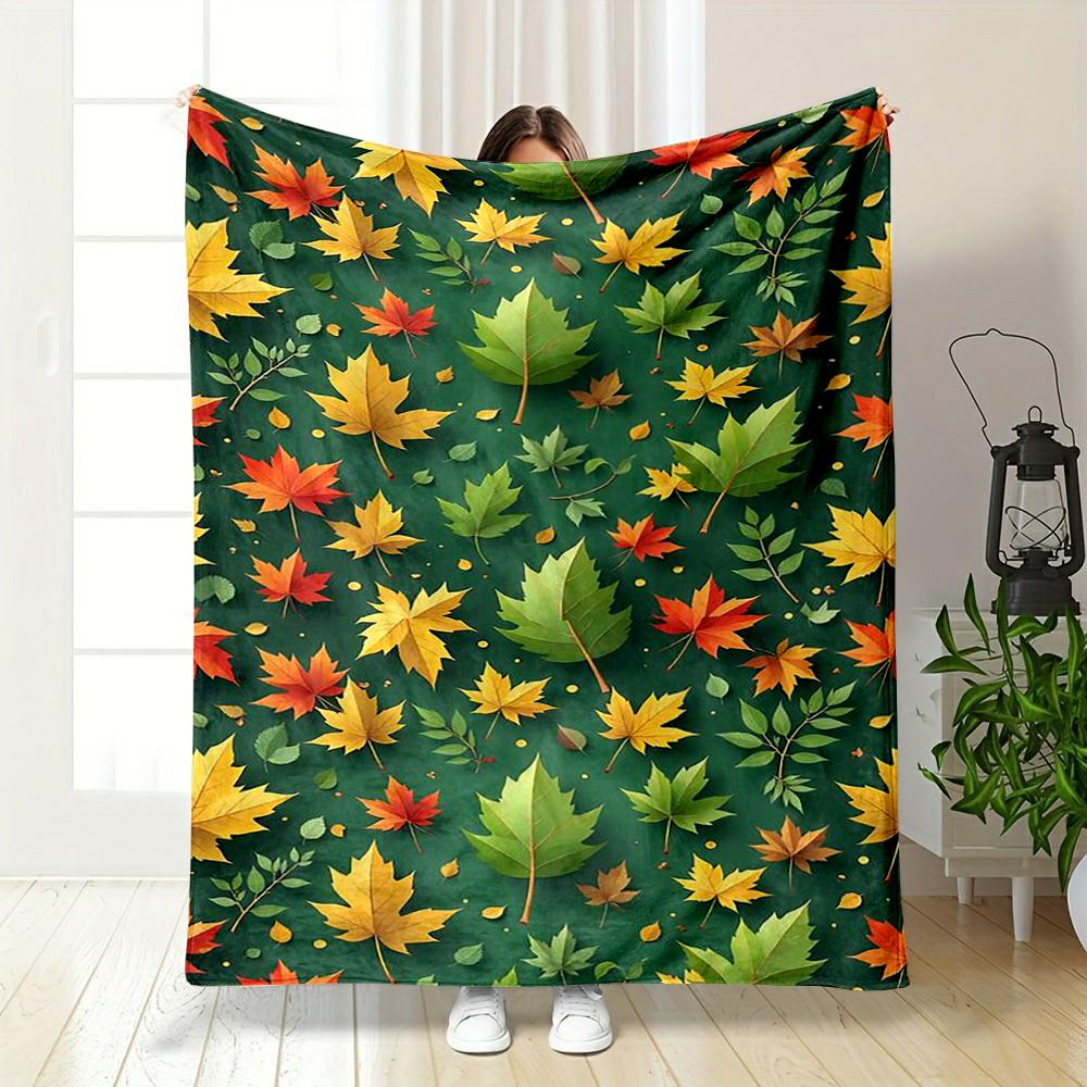 Autumn Leaves Pattern on Green Background Flannel blanket for bedroom living room sofa and nap
