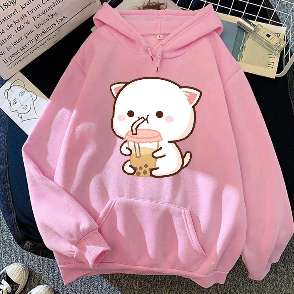 Women's Kangaroo Pocket Hoodie Peach and Rubber Cartoon Hoodies Girl Cat Drink Milk Tea Sweatshirt Autumn Winter Pullover
