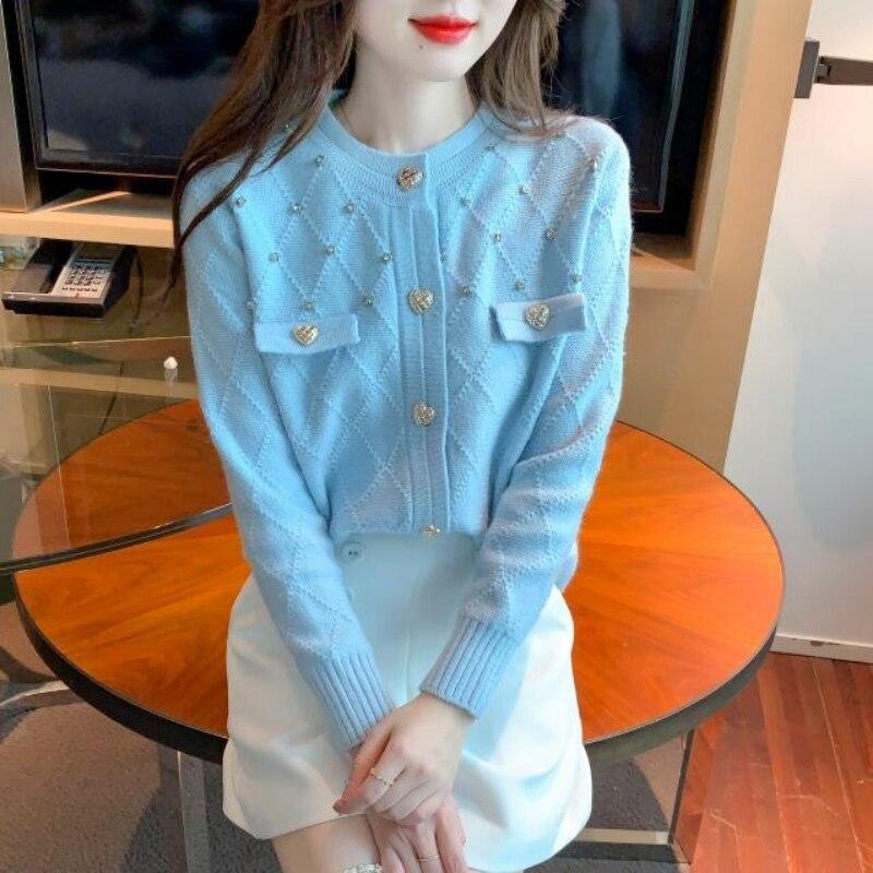 Sweet Cardigan Knitwear Women Autumn and Winter Coarse Knitted Sweater Coat with Diamond Long Sleeve O Neck Sweater Female