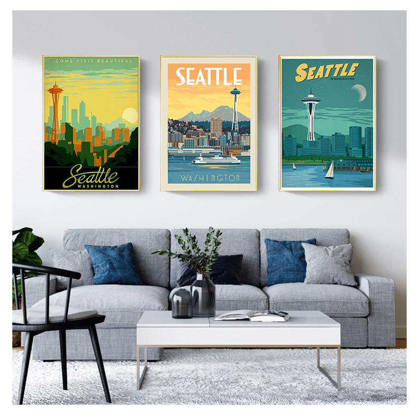 Дорожные картины на холсте, винтажные настенные крафт-плакаты с покрытием, наклейки на стену, домашний декор, подарок, Соединенные Штаты, Сиэтл, город Вашингтон