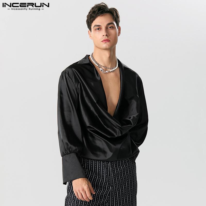 INCERUN Swinging Collar Men Hollow Out Long Sleeves Satin Tops