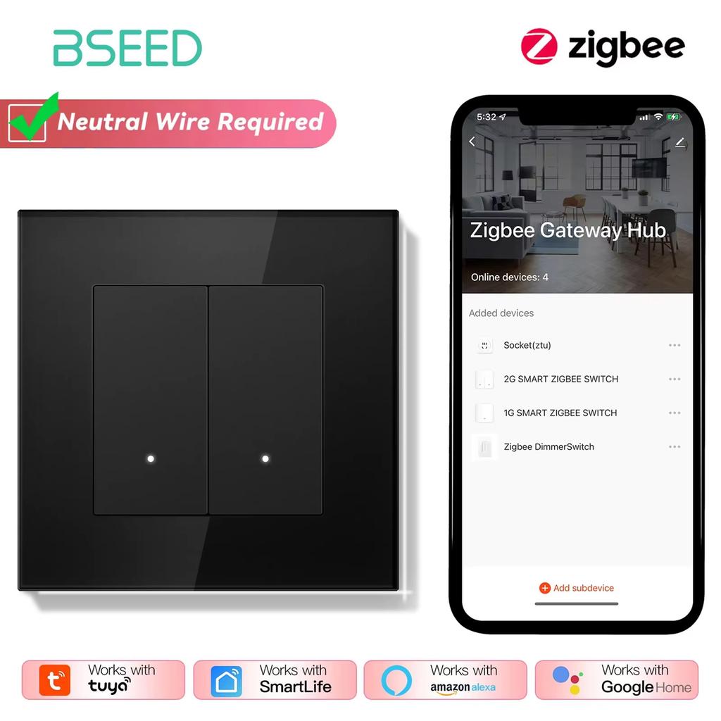 BSEED Zigbee 1/2/3-клавишные умные сенсорные выключатели света 1/2/3-позиционные Tuya Smart Life, совместимые с Alexa, плюс европейские розетки, стеклянные панели