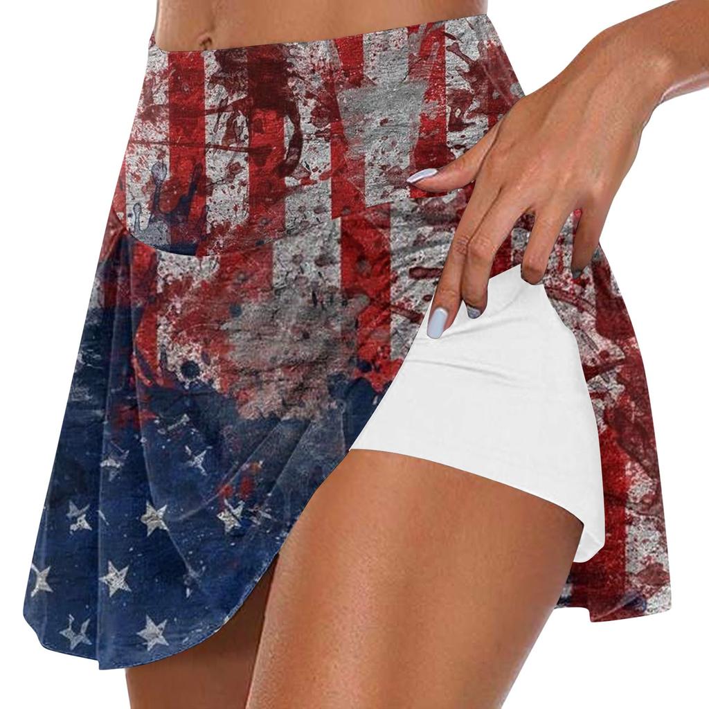 Women's Summer Casual Sports Fitness Running Yoga Tennis Skirt Independence Day Printed Pleated Skirt Shorts