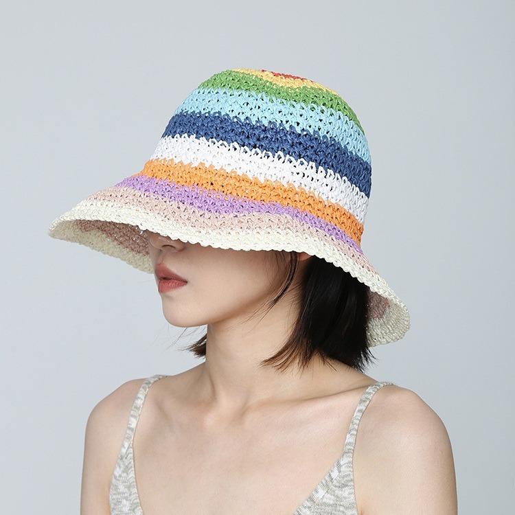 Rainbow striped straw bucket hat women's summer breathable sunscreen face small sunshade sun hat beach fashion straw hat