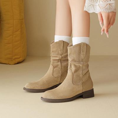 Женские модные сапоги до середины икры Ougushideng в стиле ретро на толстой подошве с драпировкой и флисовой подкладкой (2025 Осень/Зима)