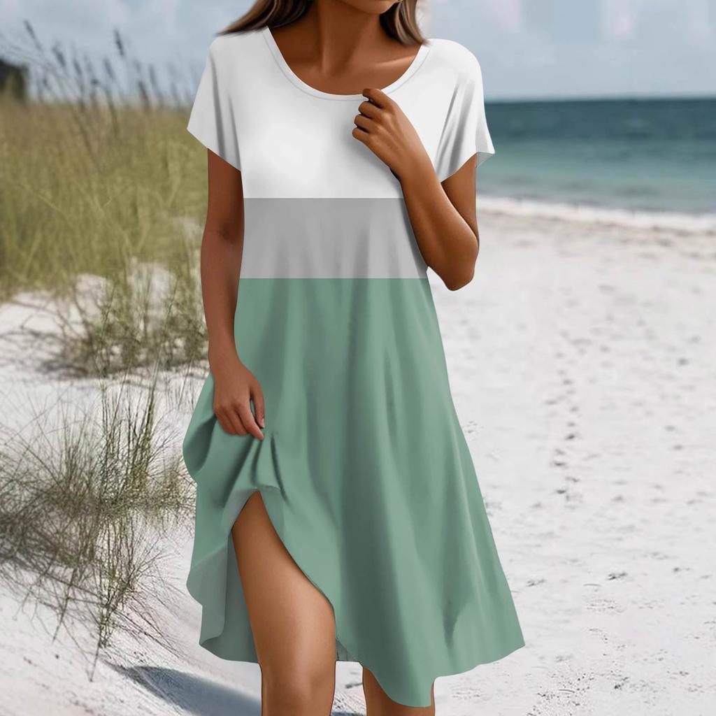 Short Sleeve Boho Dress For Women Casual Loose Fit Summer Sundress Floral Print Dress With Pockets