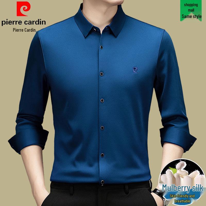 Мужская рубашка Pierre Cardin с длинным рукавом из шелка-тусса (mulberry silk) - Не требует глажки, С начесом, Высококачественный business casual для осени/зимы
