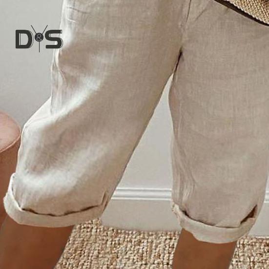 Повседневные брюки с карманами, дышащие, с эластичной резинкой на талии, однотонные, в винтажном стиле, свободные брюки до колена с завязками для женщин