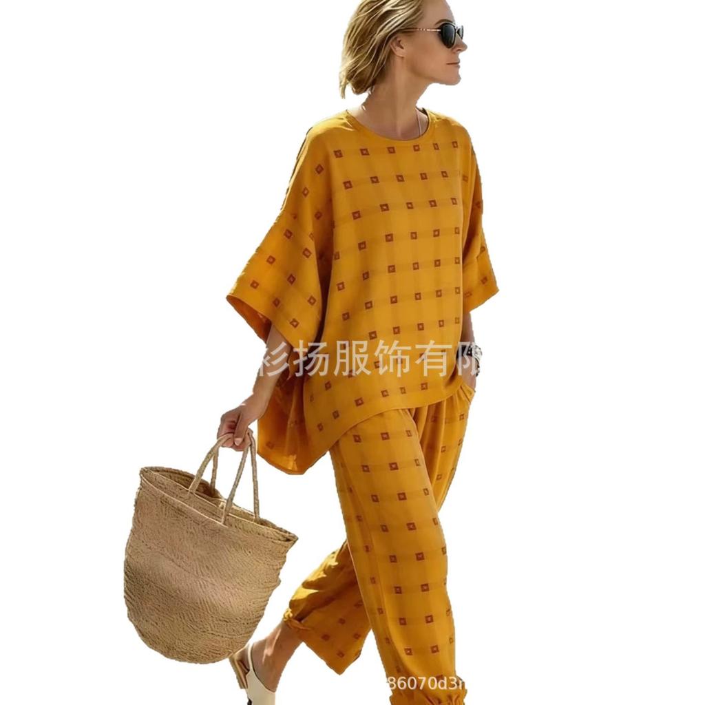 European and American color-blocked national flag print set, loose bat-sleeve wide-leg pants two-piece set, one for women