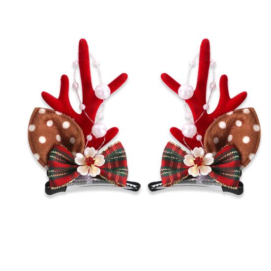 1 пара рождественских заколок для волос, праздничный дизайн с оленьими рогами, декор из искусственного жемчуга и плюшевых шариков, заколки для волос, реквизит для фотосъемки на рождественской вечеринке