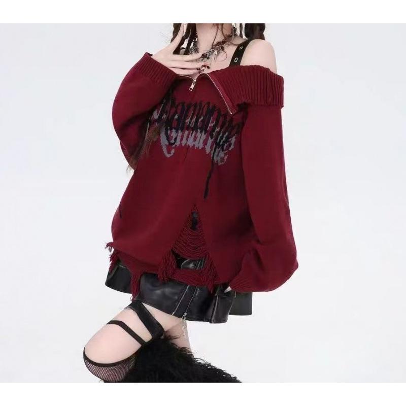 Korean Style Punk Off-Shoulder Ripped Sweater - Women's Autumn/Winter Knitted Top