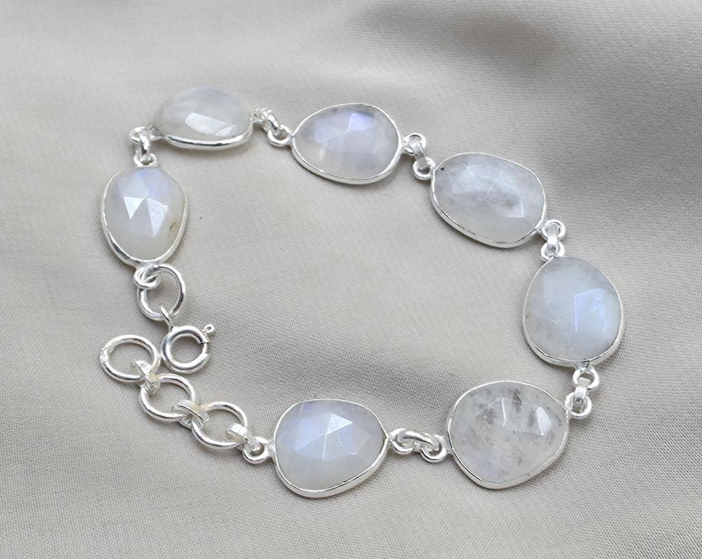 Rainbow Moonstone 925 Sterling Silver Bracelet Natural Handmade