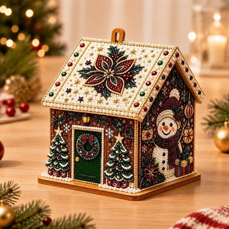 Wooden Christmas Houses Craft Set with Rhinestones Painting Piece, Pearls-Style Accents, and Tools for Hands-On Decorating
