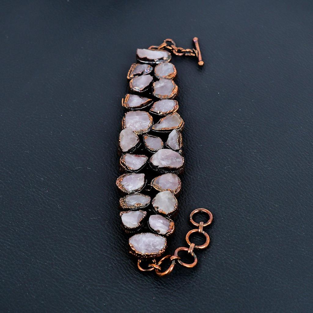 Rose Quartz Handmade Latest Design Jewelry Bracelet, Copper Electroformed Gemstone Bracelet, Gift For Mother
