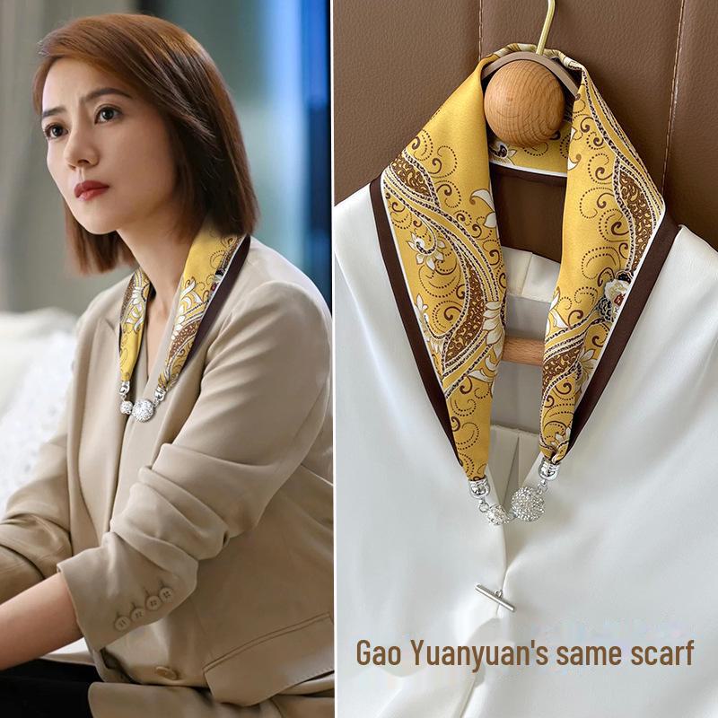 Женский шелковый шарф с магнитной пряжкой — модная защита шеи на весну, лето и осень 2024 года