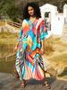 Women's Kaftan Dress Boho Printed Beach Swimsuit Cover Up 2024 Summer Vacation Plus Size V-neck Casual House Robe Q1638