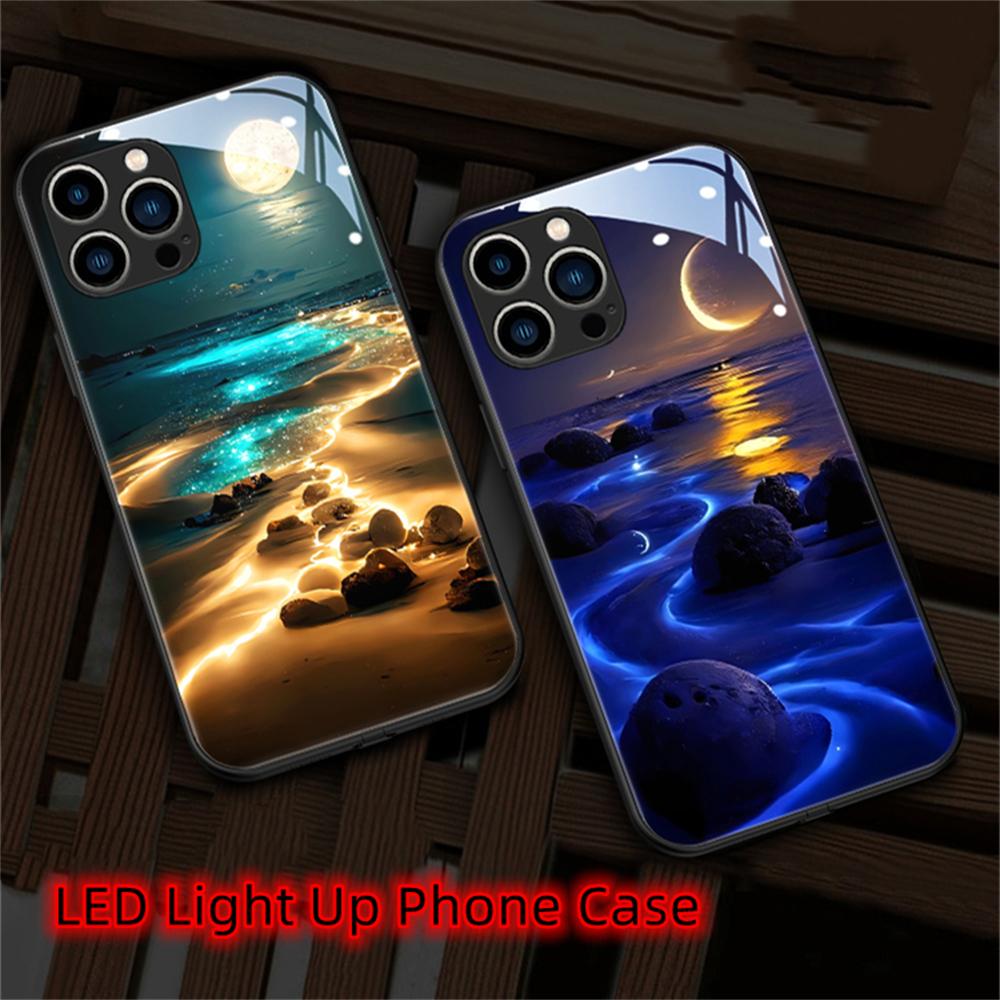 Luminous Phone Case Meteor Beach Luminous Glass LED Call Flash Phone Protective Case Suitable for IPhone