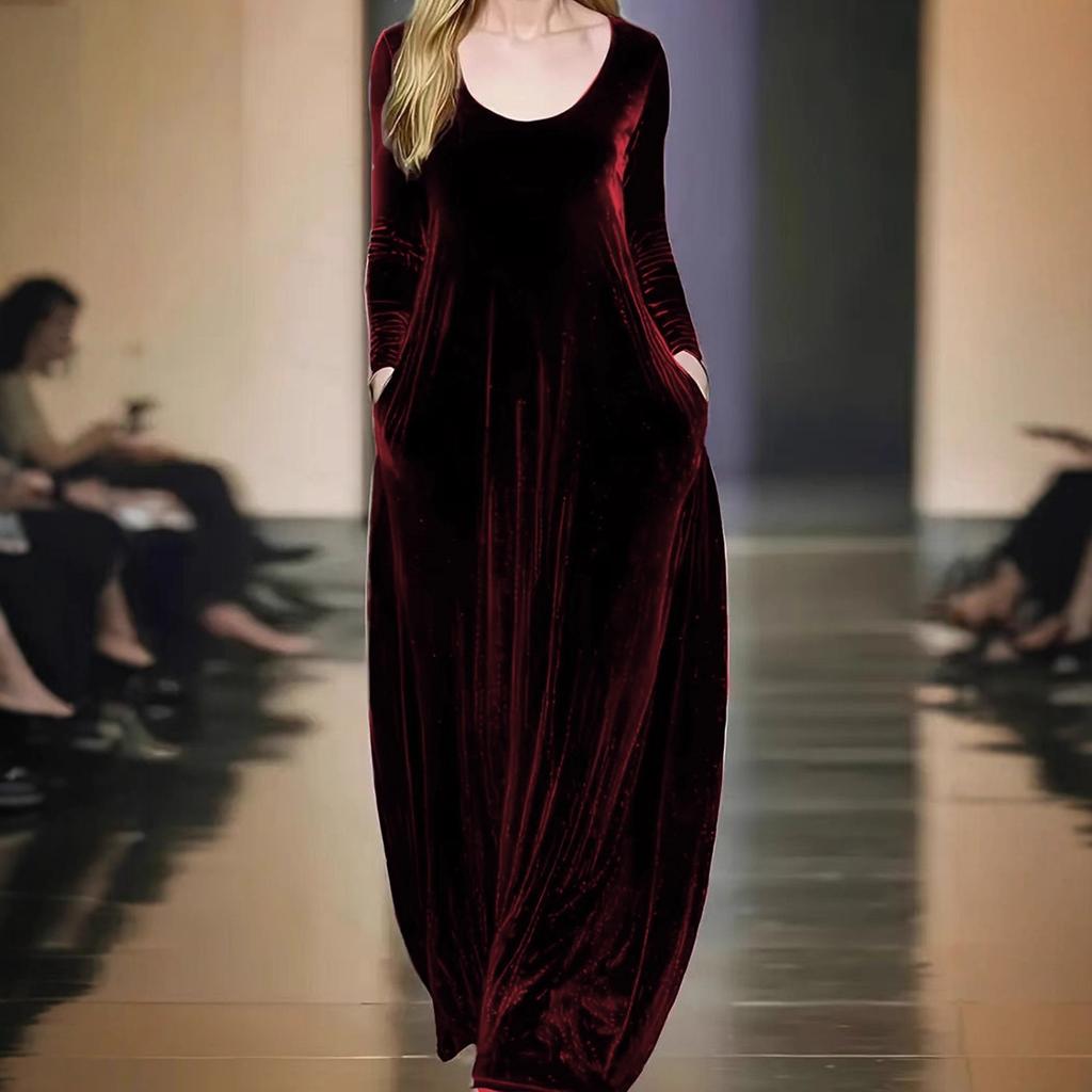 Женское элегантное длинное платье с длинным рукавом и круглым вырезом из золотого бархата