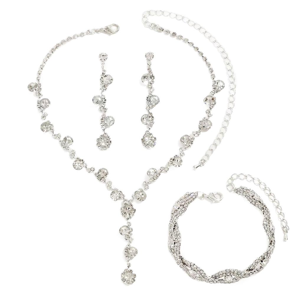 Легкая роскошь, ожерелье на ключицу со стразами, серьги-гвоздики, браслет, ювелирный набор из трех предметов