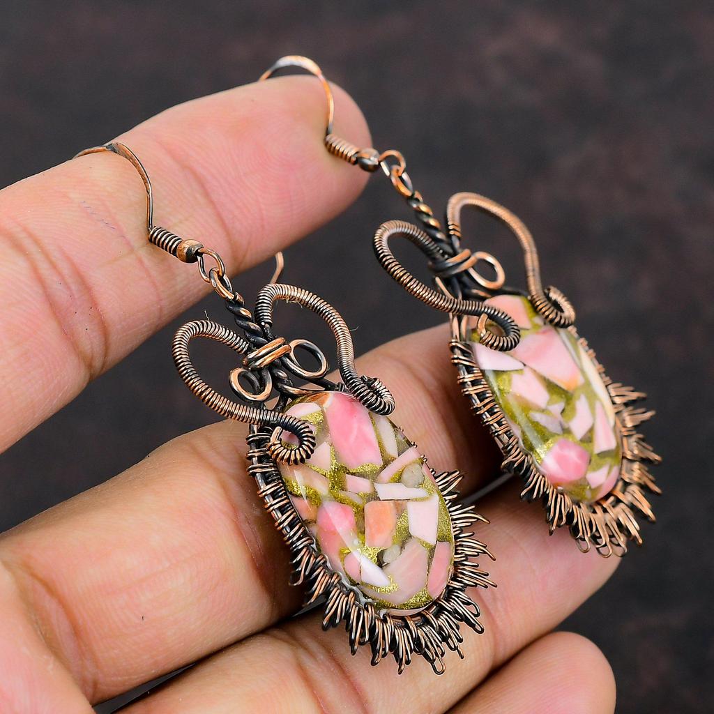 Медные серьги с розовым опалом Серьги из медной проволоки Серьги с розовым опалом Ювелирные изделия Серьги с драгоценными камнями Серьги ручной работы Изящные медные украшения Подарок для нее