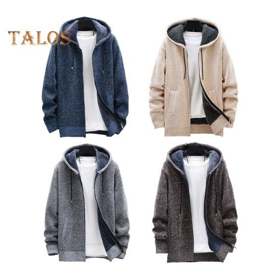 Winter Men Jacket Thickened Fleece Hooded Drawstring Zip-up Long Sleeves Sweater Coat Pockets Elastic Cuff Retro Knitted Daily Wear Outerwear Jacket