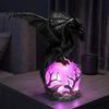 Decorative Resin Dragon Gothic Night Light, Statue with Purple Glowing Crystal Dark Theme Room Decor Sphere, Fantasy Table Lamp for Halloween