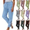 Womens Summer Elastic Waist Pocket Pocket Solid Color Cotton Linen Wide Leg Pants Loose Nine Points Pants