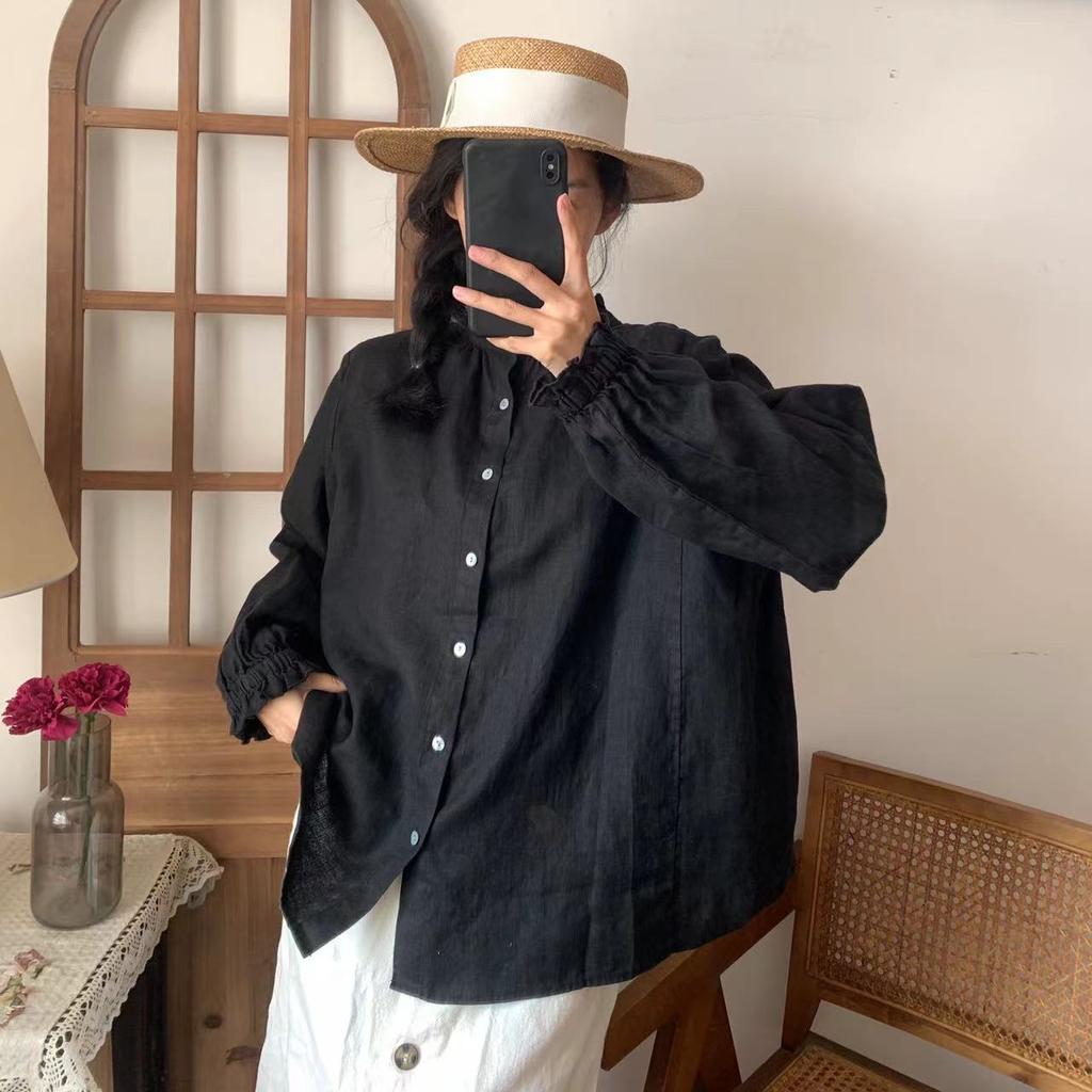 Johnature Винтажные топы, весенне-летние однотонные женские рубашки с оборками и воротником, повседневные свободные женские рубашки на пуговицах