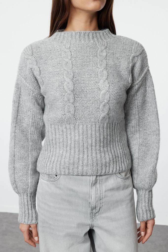 Женская мода Стильный свитер Серые волосы Вязаный свитер с круглым вырезом Трикотаж