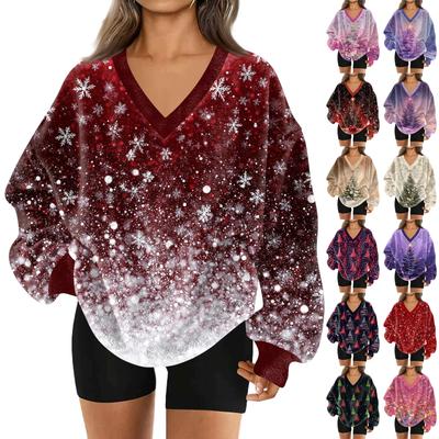 Женский модный пуловер с V-образным вырезом, рождественским принтом и длинными рукавами, повседневный, плюшевый, теплый, толстовка-топ