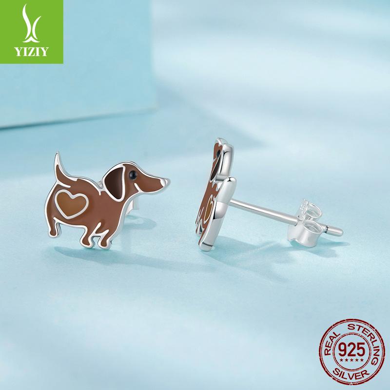 Animal Dachshund Dog Stud Earrings Cute Dog S925 Sterling Silver Oil Stud Earrings
