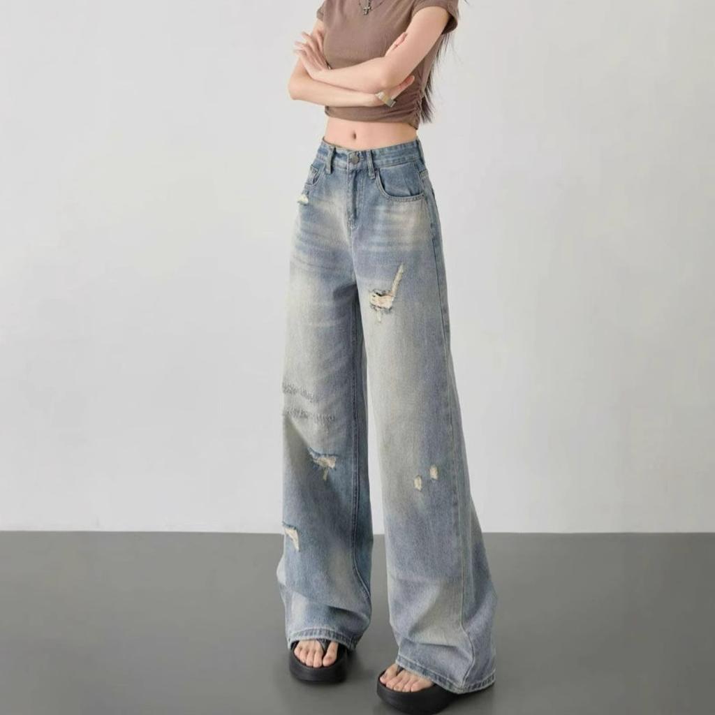 Comfortable High-waisted Broken Holes Jeans Female Annual High Street Small Loose Thin Wide-legged Straight Trousers Jeans for Women Long Denim Pants