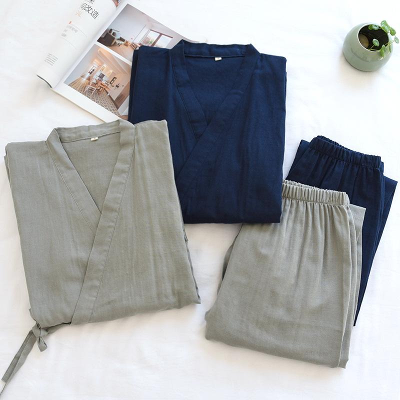 Кимоно на шнуровке, весенне-осенняя пижама, мужской двухслойный хлопковый домашний костюм с рукавом три четверти, летний газовый однотонный японский костюм