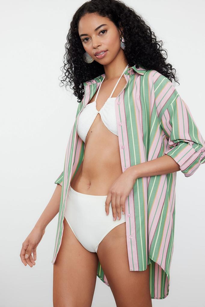 Women's Style Shirt Green Striped Woven Shirt