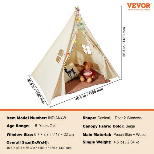 VEVOR Kids Play Tent, Teepee Tent for Kids 1-5 Years Old, Toddler Tent with Mat and Plush Decorative Balls