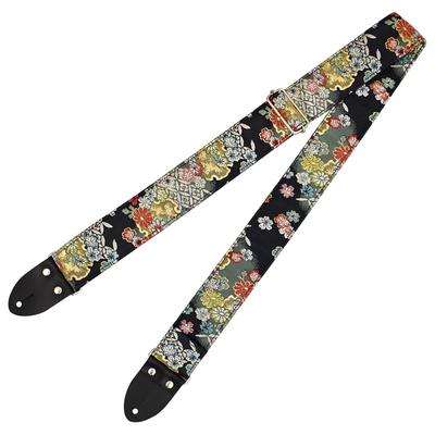 Harmonics J Парчовый ремень Нисидзин для гитары, Сделано в Японии, Узор из струящихся маленьких цветов, Длина 810-1410 мм, (нет. 15)/Черный