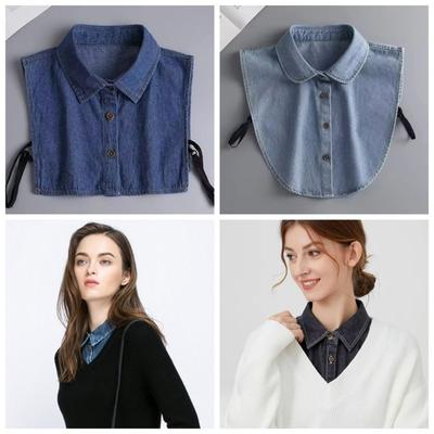 NEW Cotton Denim Fake Collar Lapel Buttons Adjustable Straps Women Fake Collar Blue Clothes Accessories Detachable Collar Women