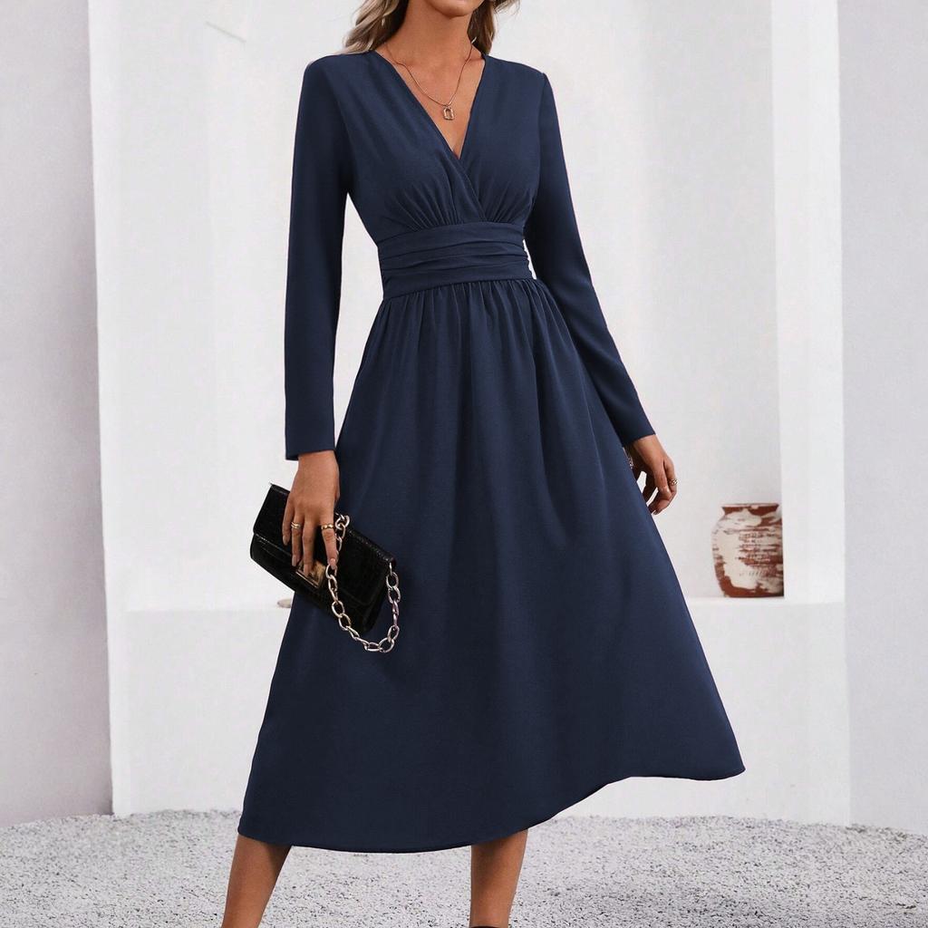 Женское модное однотонное платье с V-образным вырезом, длинными рукавами и плиссировкой
