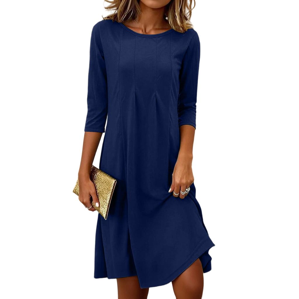 Women's Fashionable And Elegant Pleated Round Neck Three-quarter Sleeve Dress