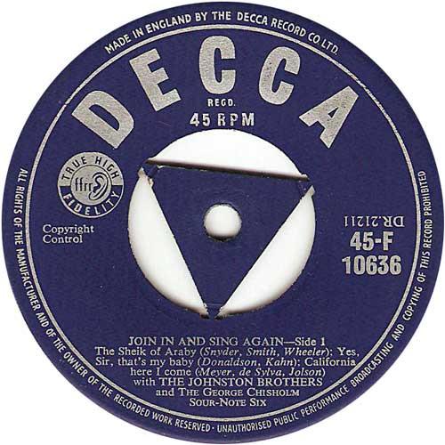 7inch Record JOHNSTON BROTHERS & GEORGE CHISHOLM - Join In And Sing Again 45F10636 Decca 1955 UK Pop Used