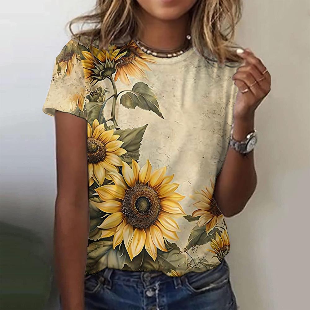 Ladies' Loose Summer Elegant Retro Women's Clothing 3D Printed Sunflower Top Short Sleeved T-shirt