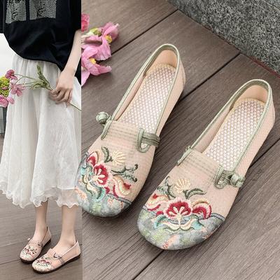 Вышитые летние сетчатые дышащие женские туфли с одной педалью, мягкие подошвы для матерей среднего и пожилого возраста, туфли на плоской подошве из старой пекинской ткани
