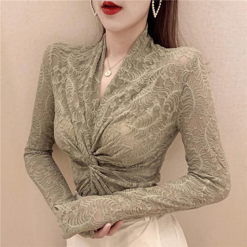 Весенне-летняя кружевная нижняя рубашка, женская модная рубашка с v-образным вырезом и длинным рукавом, сетчатая подкладка с вырезом, сексуальный топ