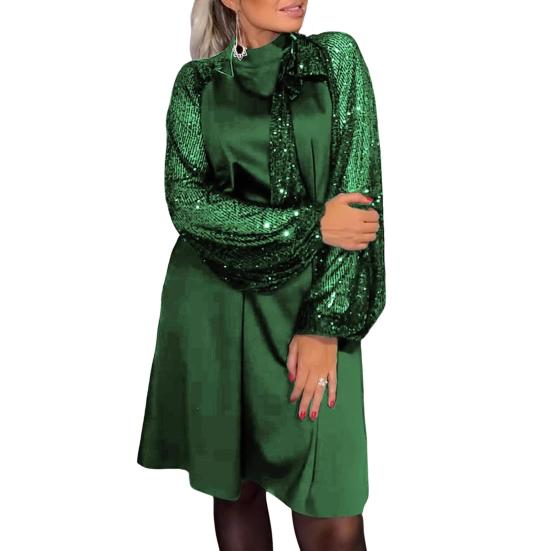 Women Dress Round Neck Lace-up Strap Shiny Sequin Patchwork Long Sleeves Midi Dress