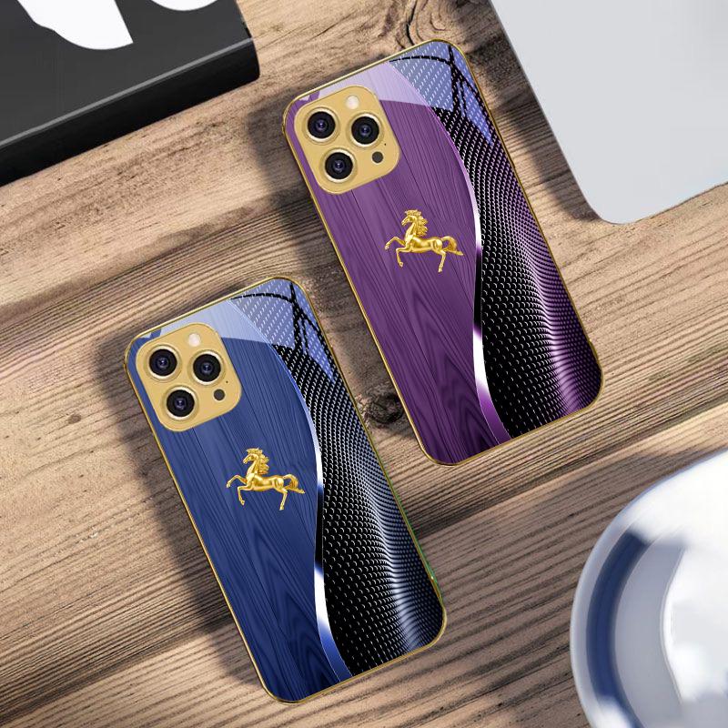 Деревянная текстура Золотая Лошадь Для iPhone 16 Pro Max 15 P ro 14 13 Plus 12 Mini 11Pro Max XS Max XR Золотой чехол для телефона из закаленного стекла