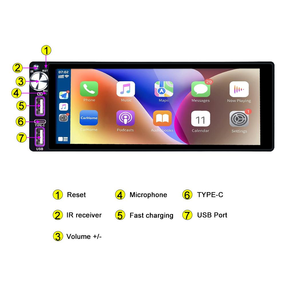 Reakosound 1 Din Car MP5/MP3 Player with 6.86 Inch Touch Screen Carplay Bluetooth FM Radio Rear View Camera